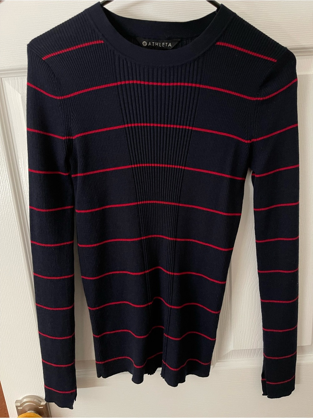 Athleta Bayside Ribbed Merino Blend Sweater Navy w/ Red Stripes Sz. S